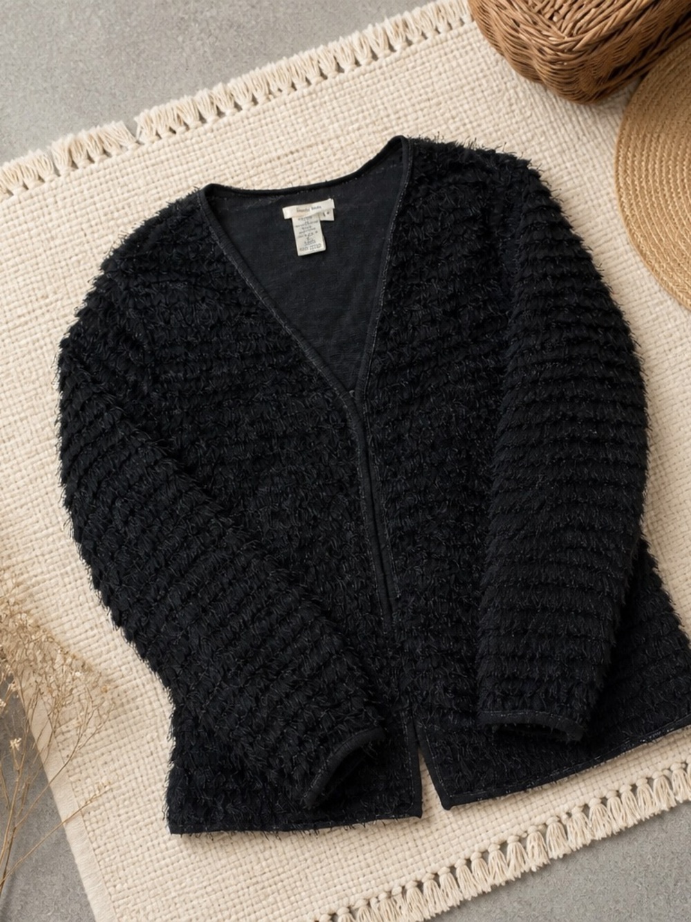 Sophie Max Black Textured V-Neck Open-Front Sweater